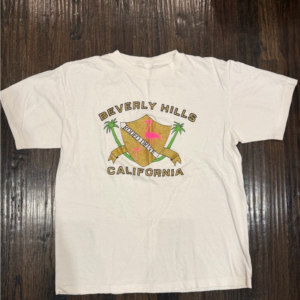Vintage Beverly Hills California White Graphic Tee with Pink Flamingo